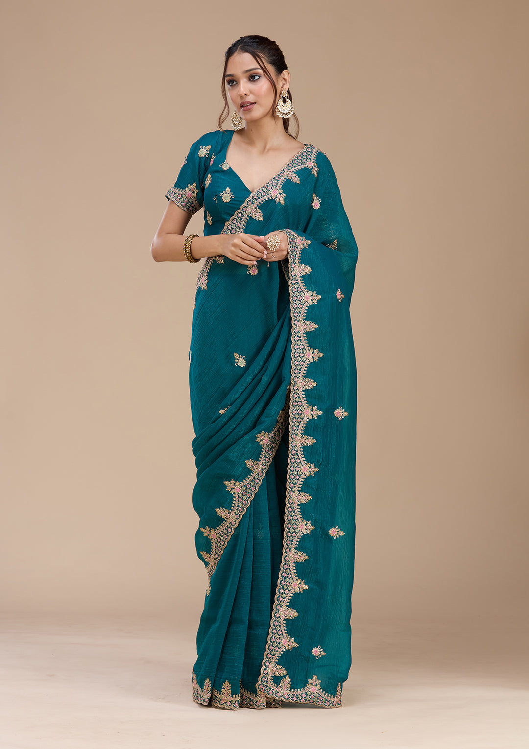 Teal Green Tissue Cording Saree With Matching Blouse Piece