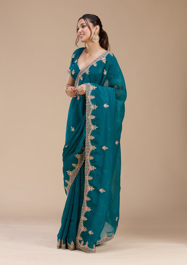 Teal Green Tissue Cording Saree With Matching Blouse Piece