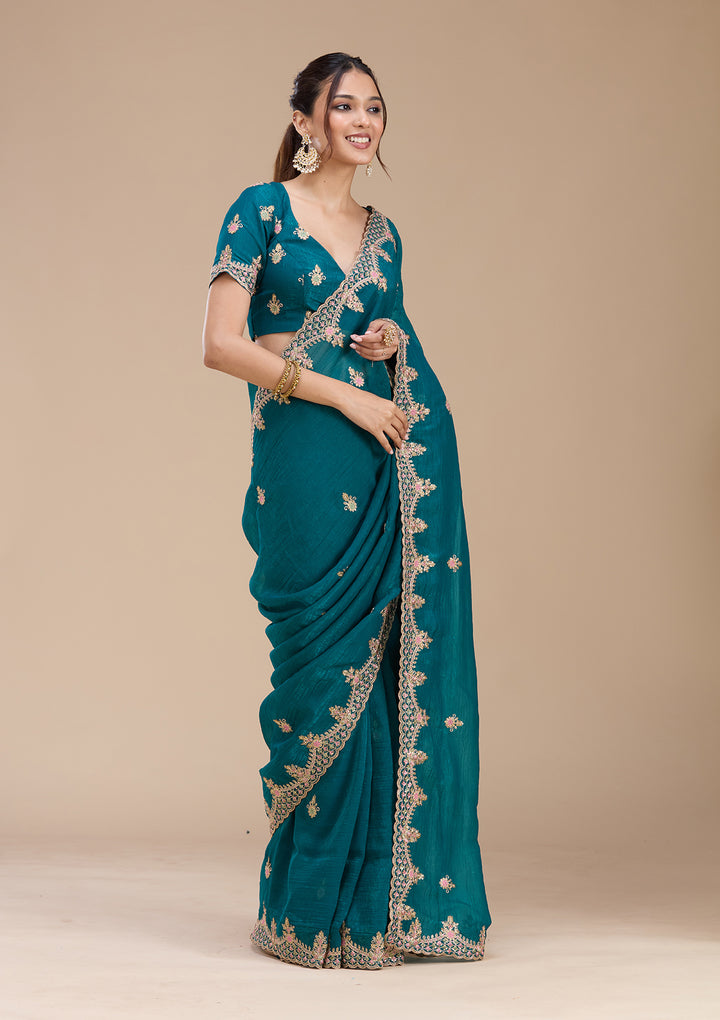 Teal Green Tissue Cording Saree With Matching Blouse Piece