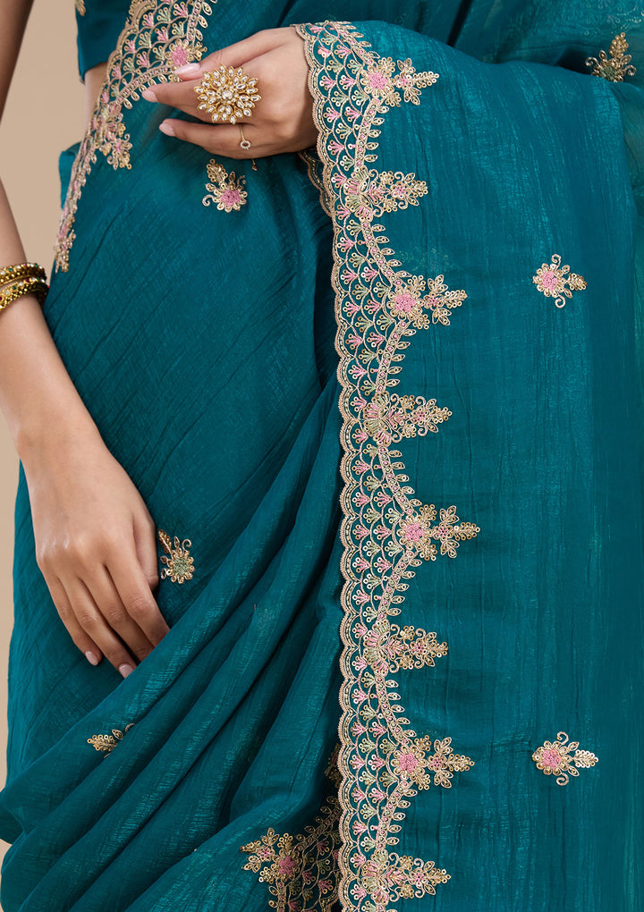 Teal Green Tissue Cording Saree With Matching Blouse Piece
