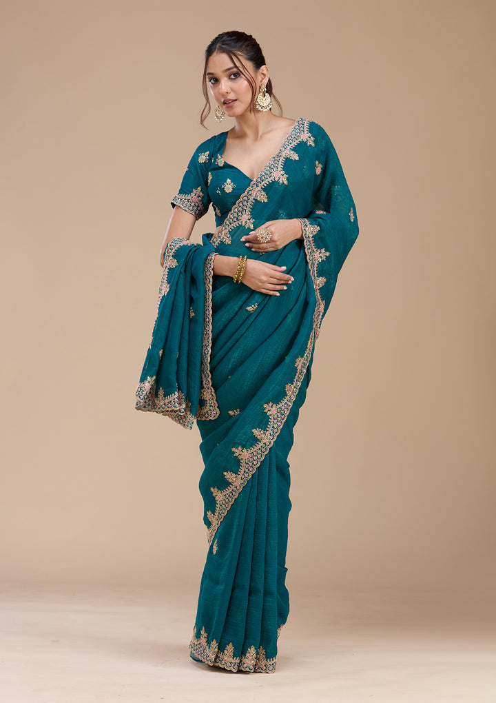 Teal Green Tissue Cording Saree With Matching Blouse Piece