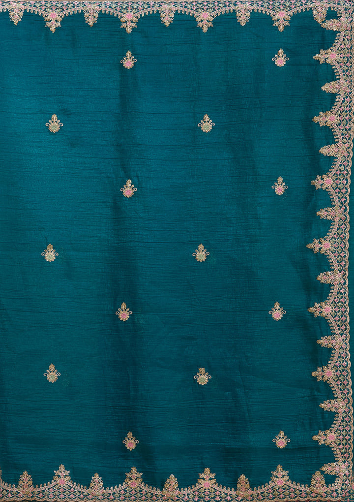 Teal Green Tissue Cording Saree With Matching Blouse Piece
