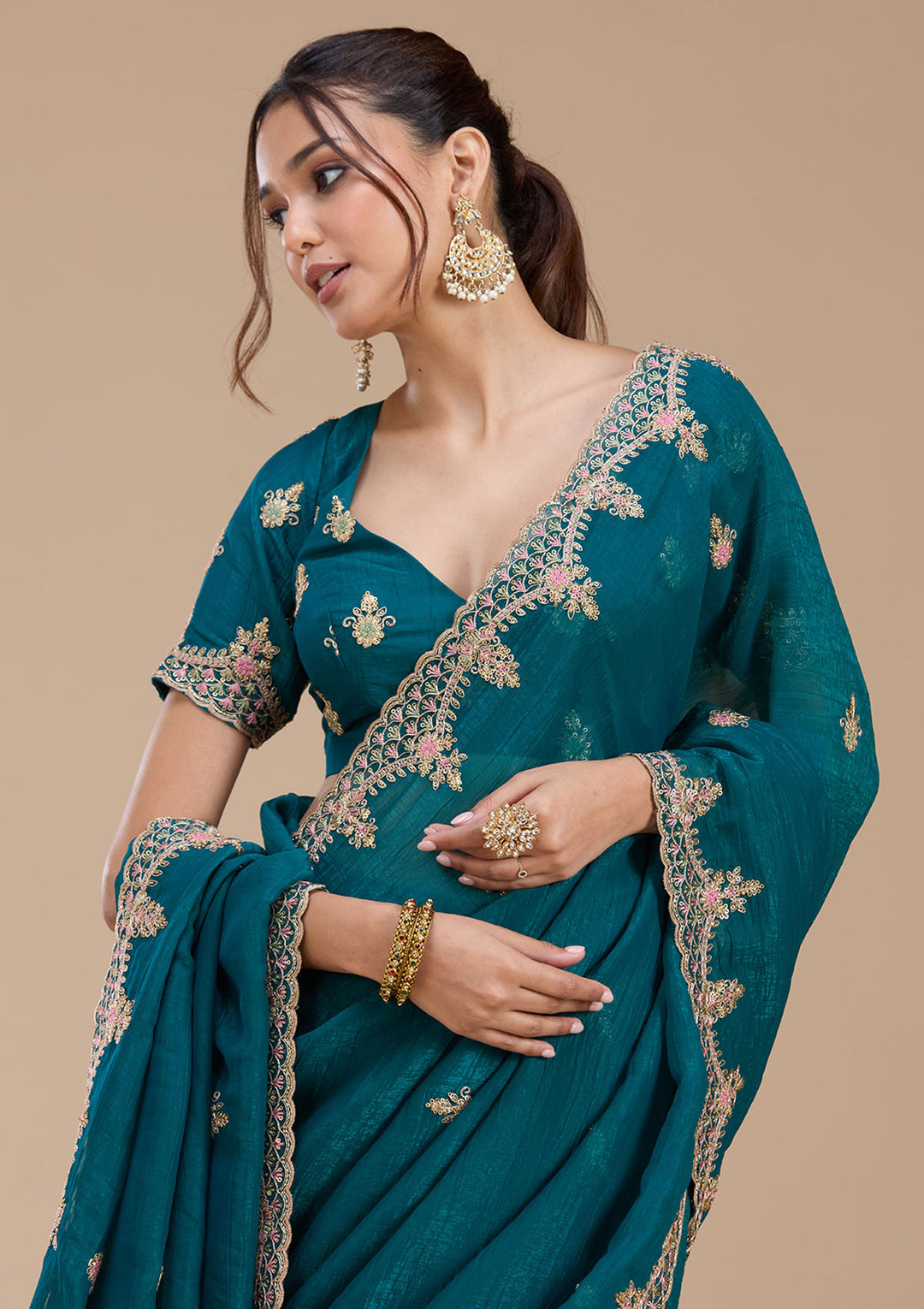 Teal Green Tissue Cording Saree With Matching Blouse Piece