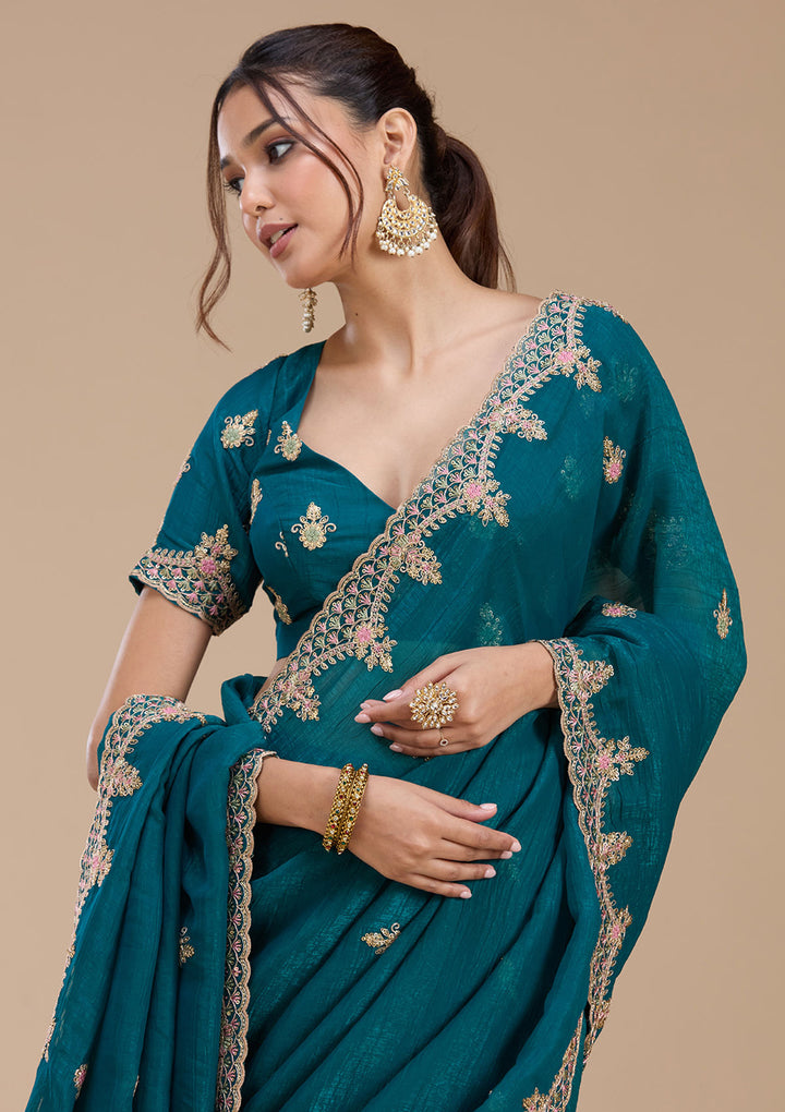 Teal Green Tissue Cording Saree With Matching Blouse Piece
