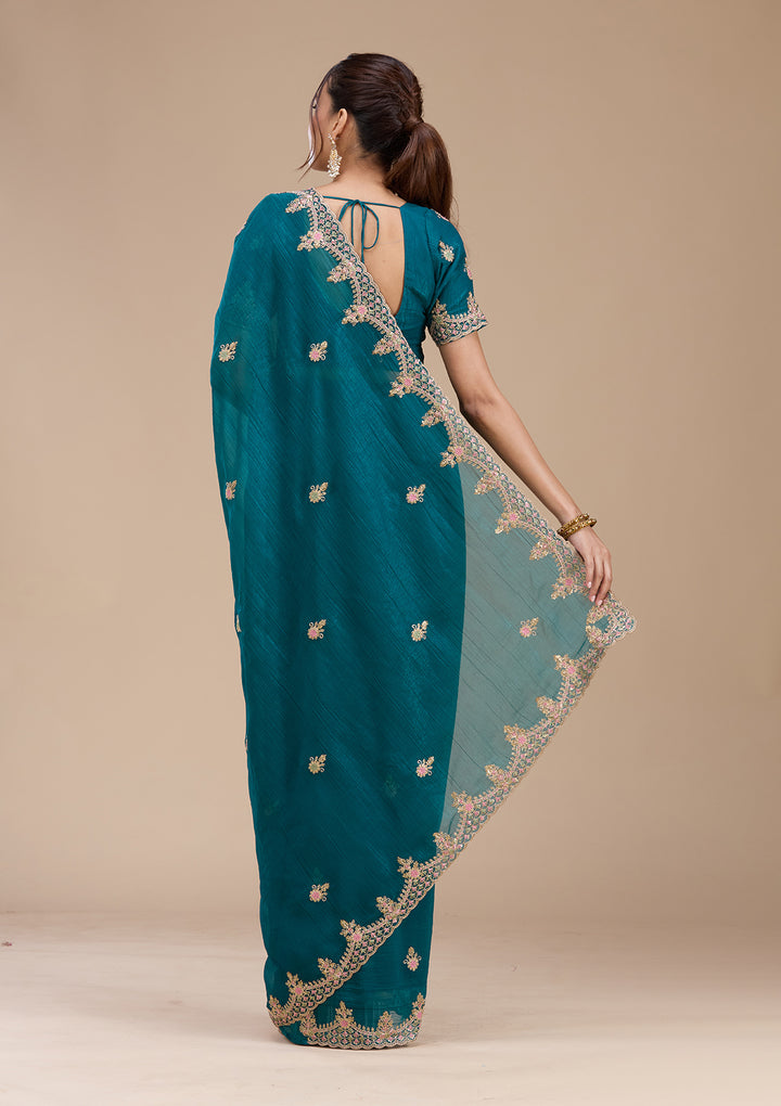 Teal Green Tissue Cording Saree With Matching Blouse Piece