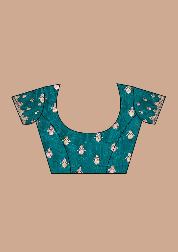Teal Green Tissue Cording Saree With Matching Blouse Piece