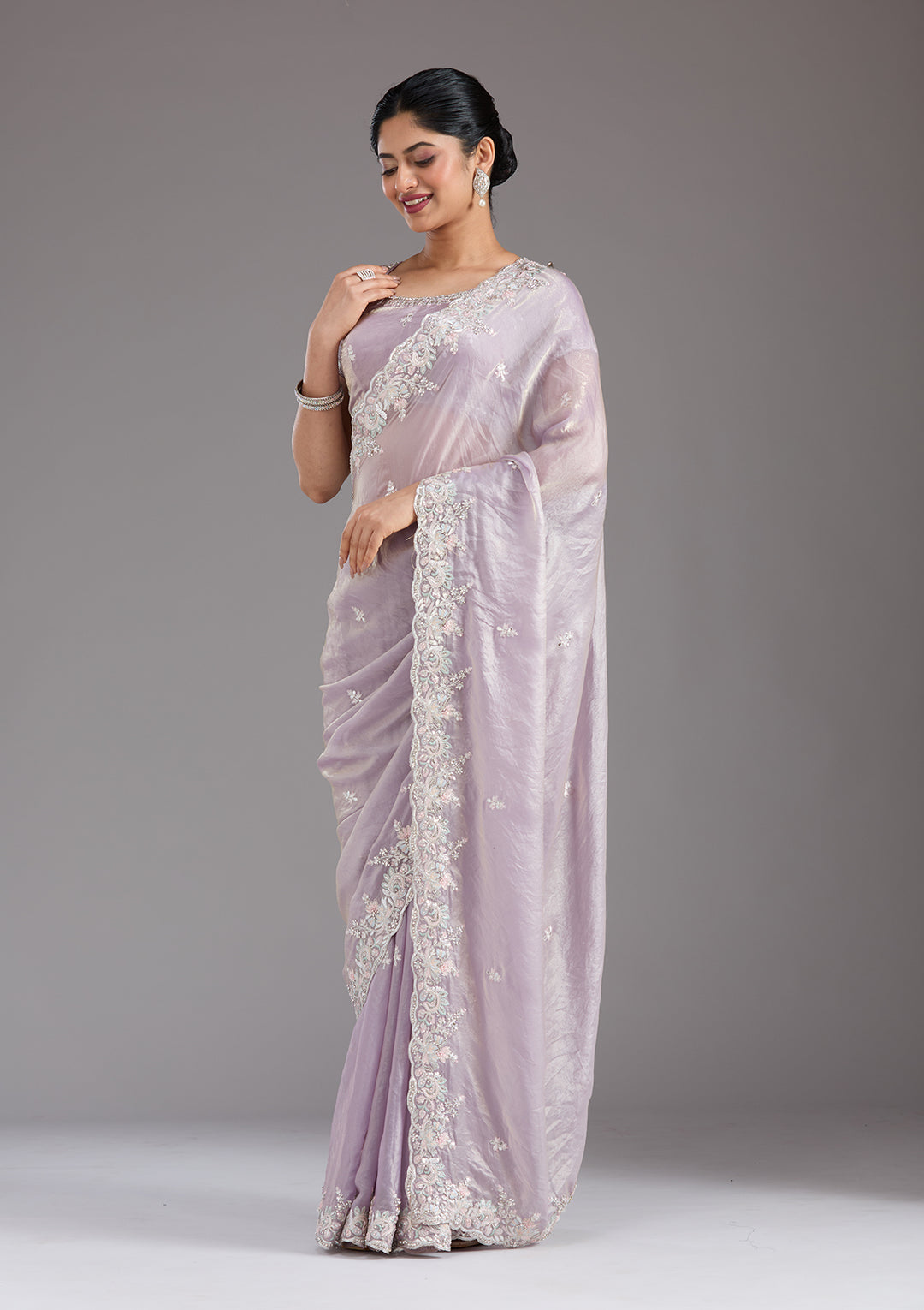 Lavender Satin Gotapatti Saree With Matching Blouse Piece