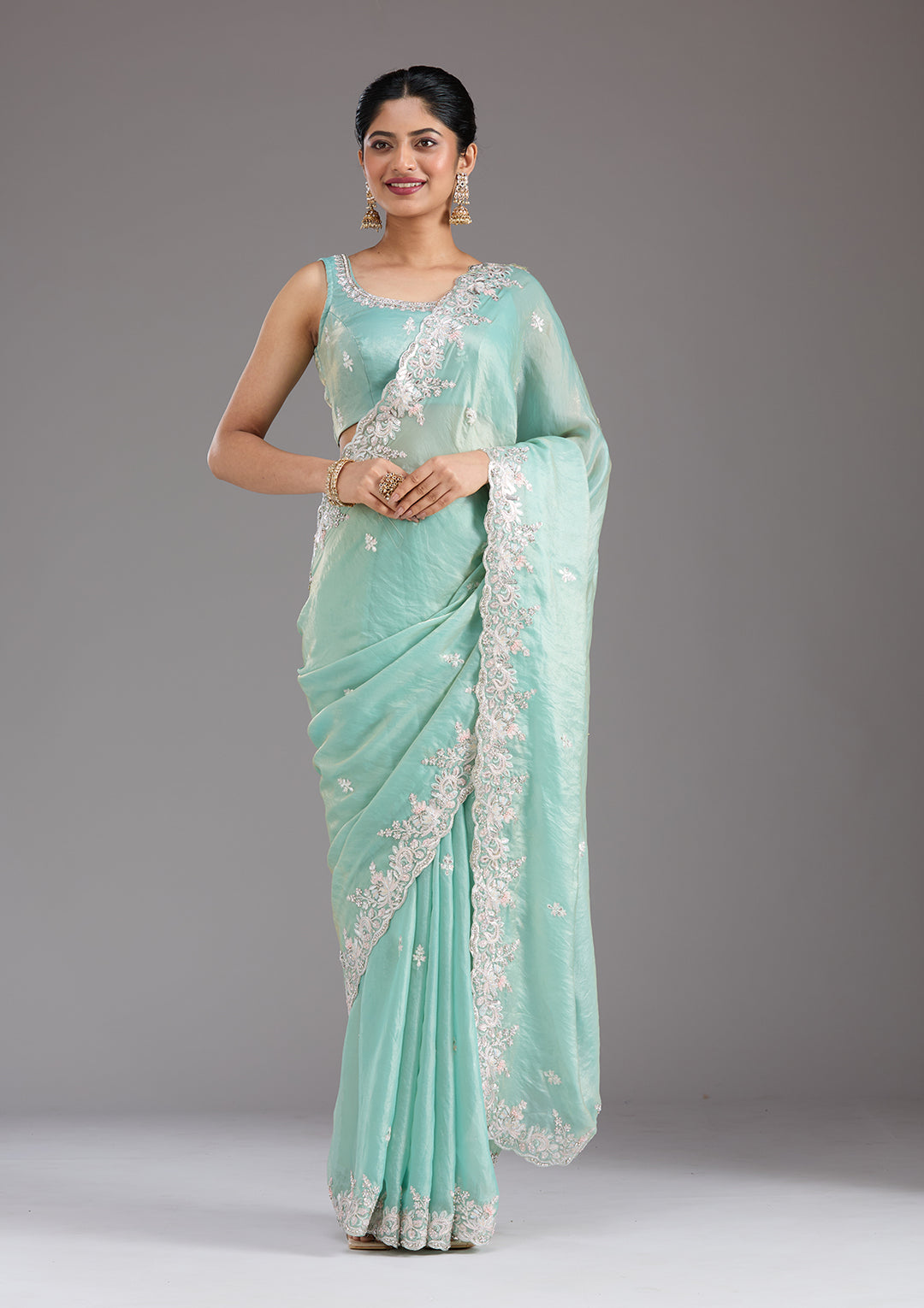 Pista Green Satin Gotapatti Saree With Matching Blouse Piece