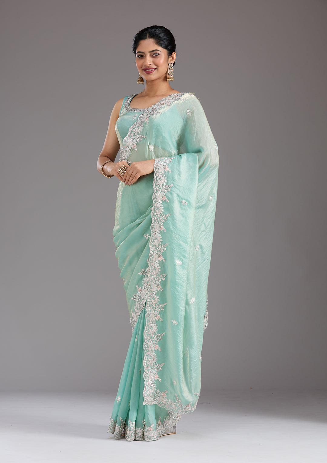Pista Green Satin Gotapatti Saree With Matching Blouse Piece
