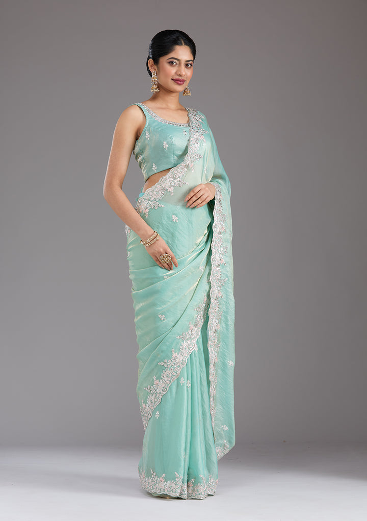 Pista Green Satin Gotapatti Saree With Matching Blouse Piece