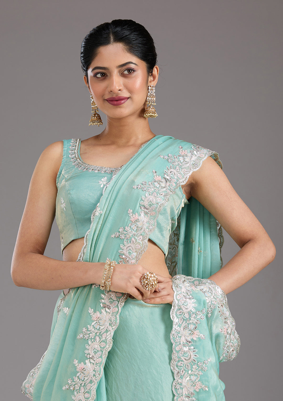 Pista Green Satin Gotapatti Saree With Matching Blouse Piece