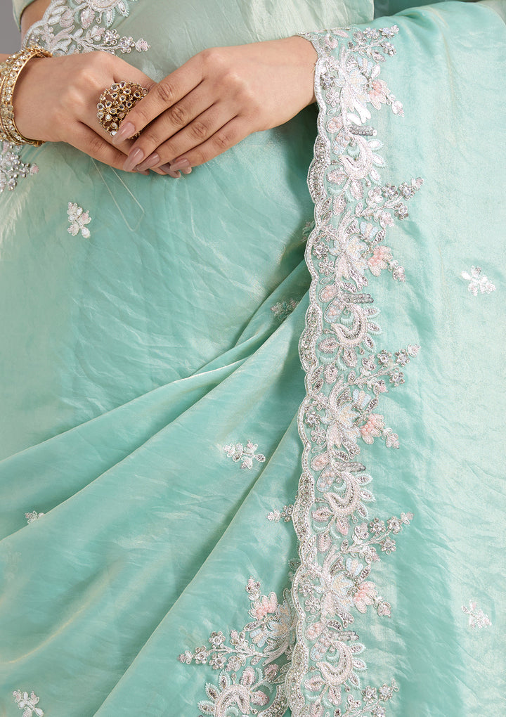 Pista Green Satin Gotapatti Saree With Matching Blouse Piece