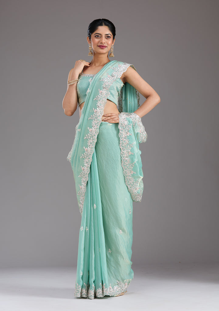 Pista Green Satin Gotapatti Saree With Matching Blouse Piece