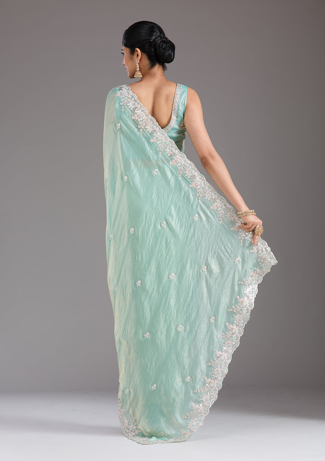 Pista Green Satin Gotapatti Saree With Matching Blouse Piece