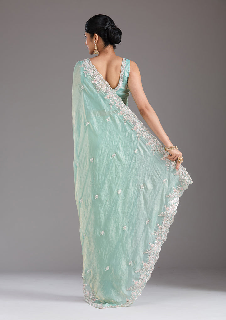 Pista Green Satin Gotapatti Saree With Matching Blouse Piece