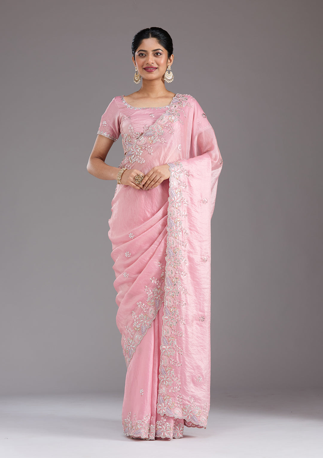 Baby Pink Gotapatti Satin Saree