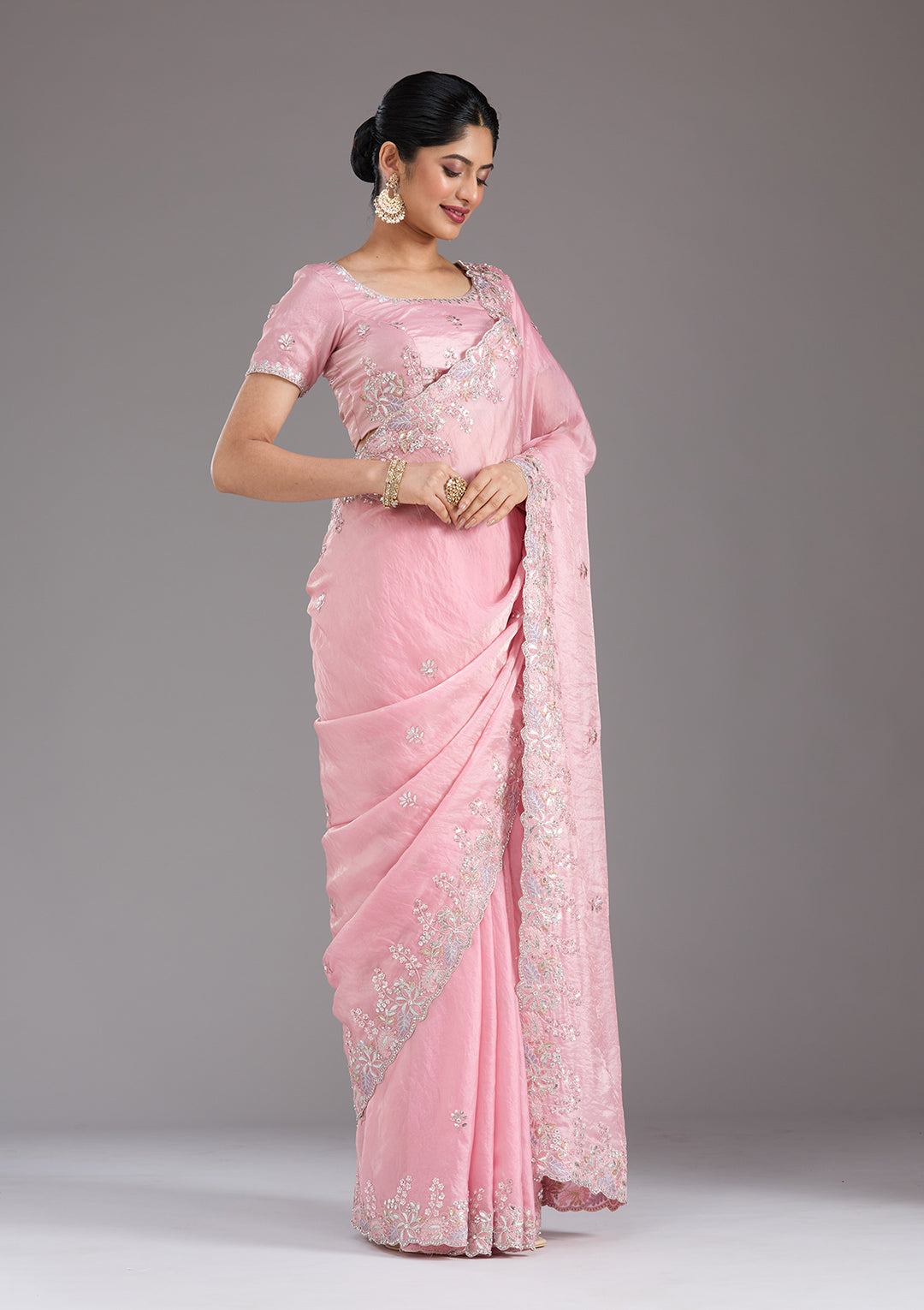 Baby Pink Gotapatti Satin Saree