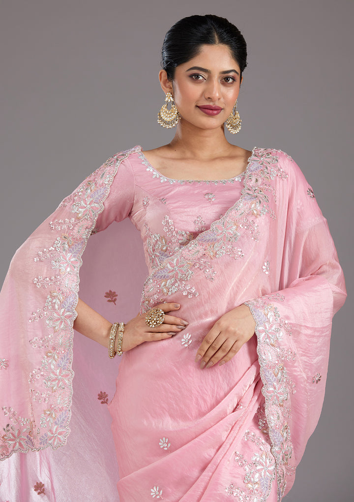 Baby Pink Gotapatti Satin Saree