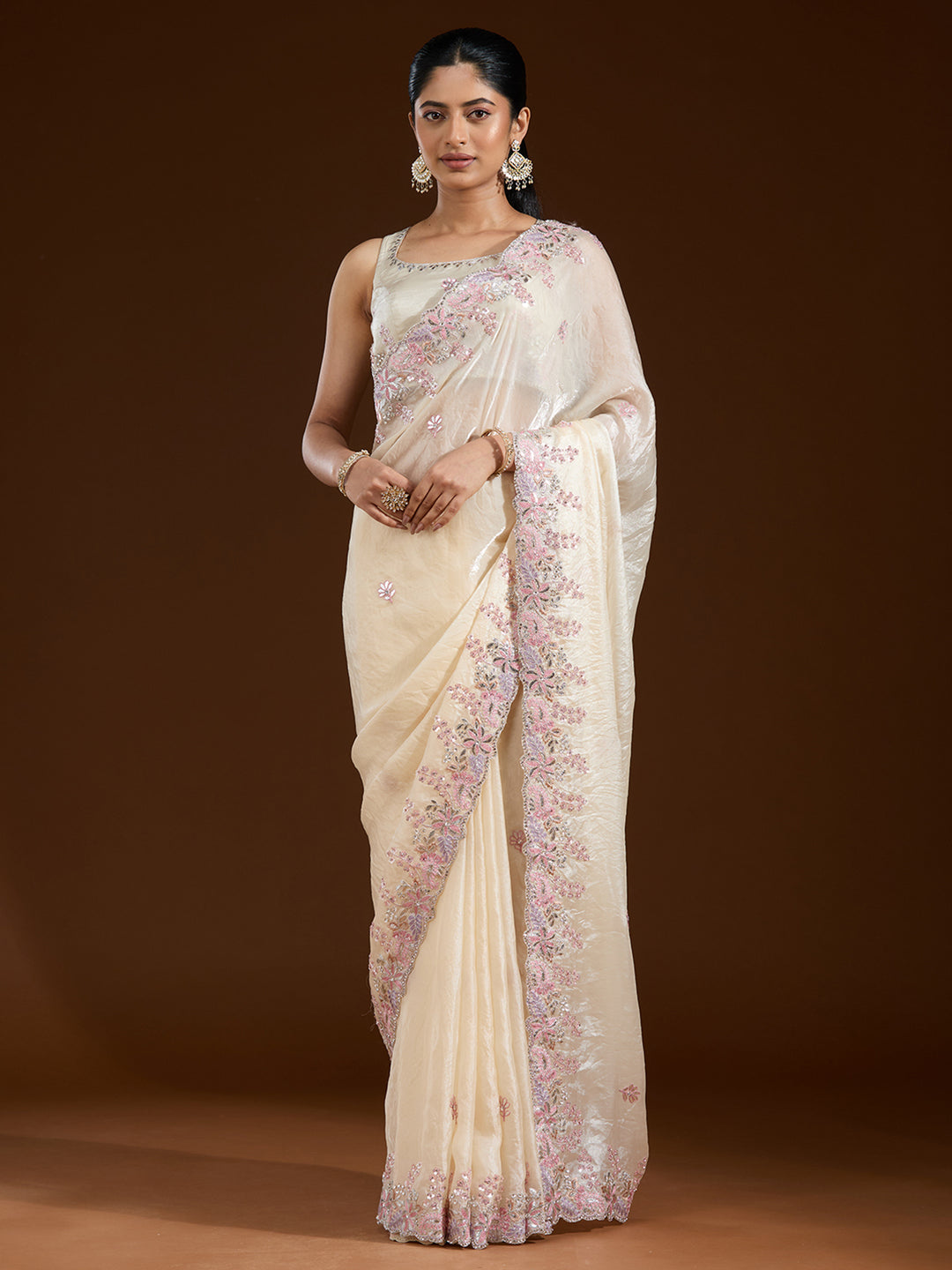 Cream Gotapatti Satin Saree