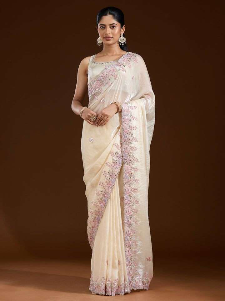 Cream Gotapatti Satin Saree