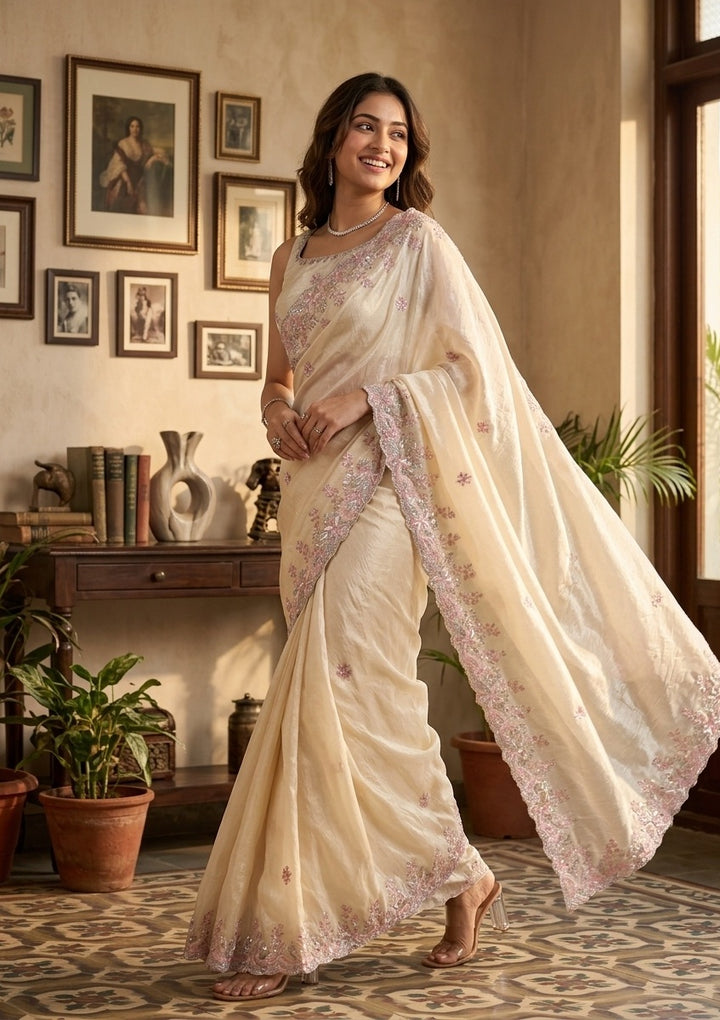Cream Satin Gotapatti Saree With Matching Blouse Piece