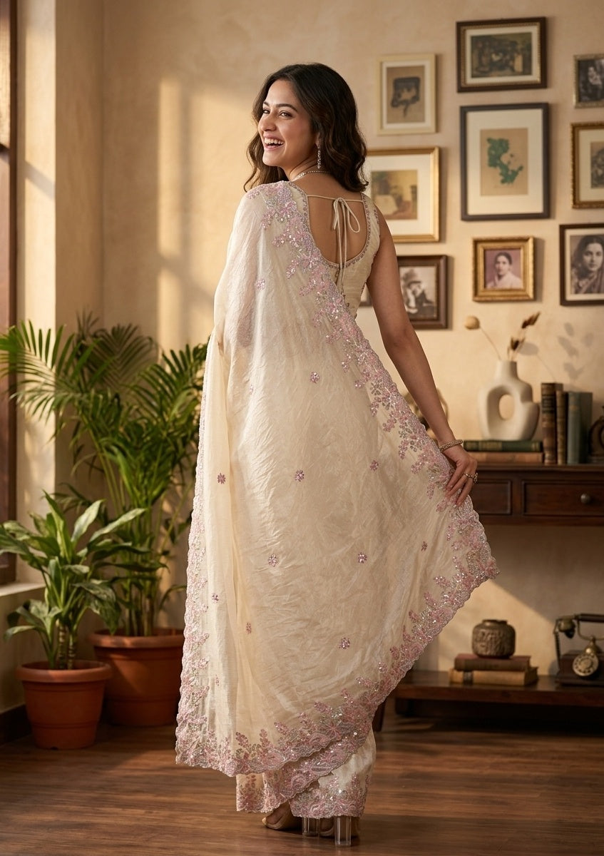 Cream Satin Gotapatti Saree With Matching Blouse Piece