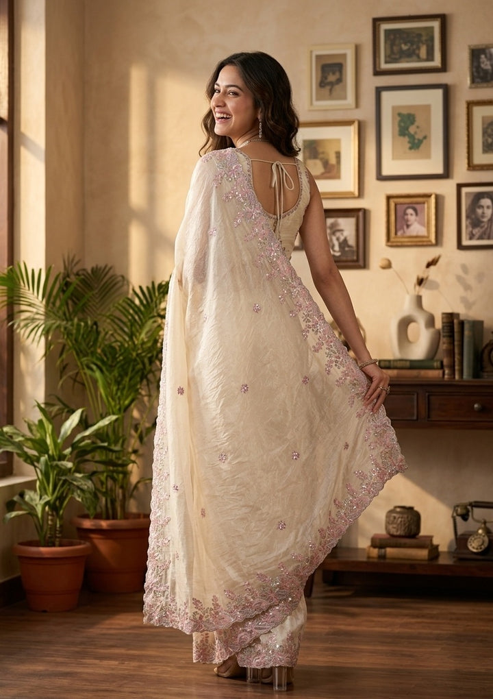 Cream Satin Gotapatti Saree With Matching Blouse Piece