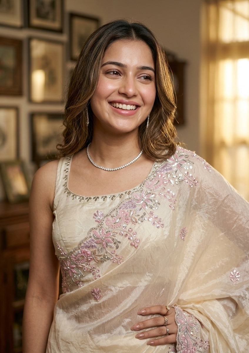 Cream Satin Gotapatti Saree With Matching Blouse Piece