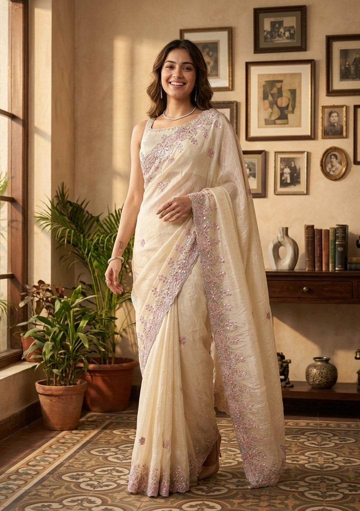 Cream Satin Gotapatti Saree With Matching Blouse Piece