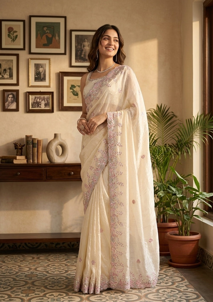 Cream Satin Gotapatti Saree With Matching Blouse Piece
