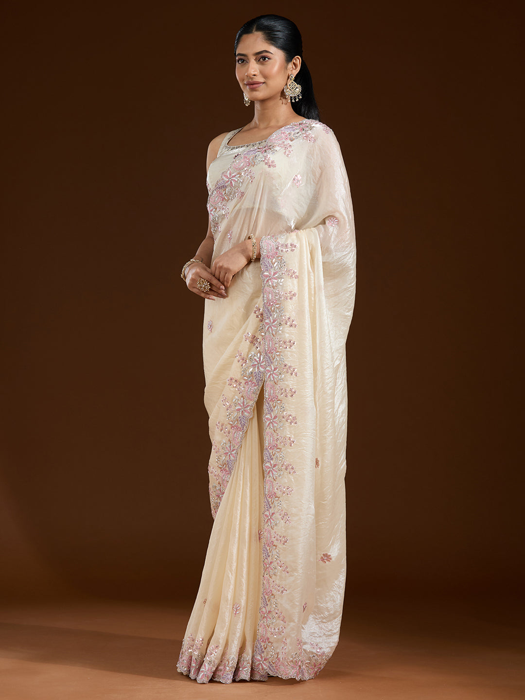 Cream Gotapatti Satin Saree