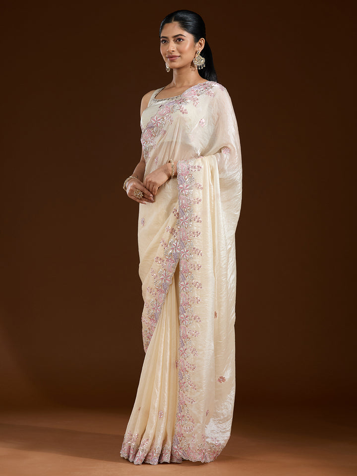 Cream Gotapatti Satin Saree