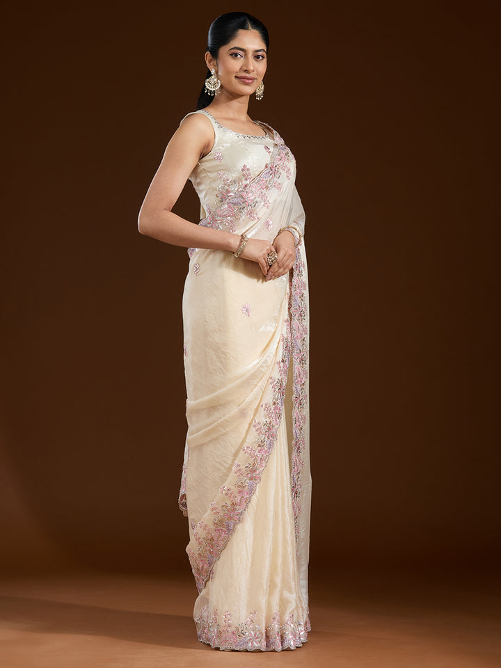 Cream Gotapatti Satin Saree