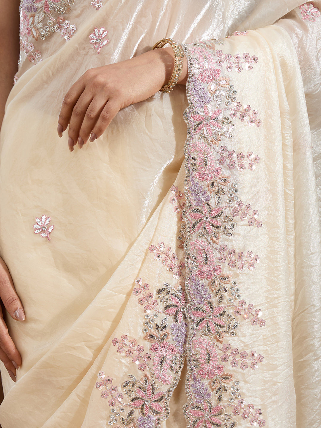 Cream Gotapatti Satin Saree
