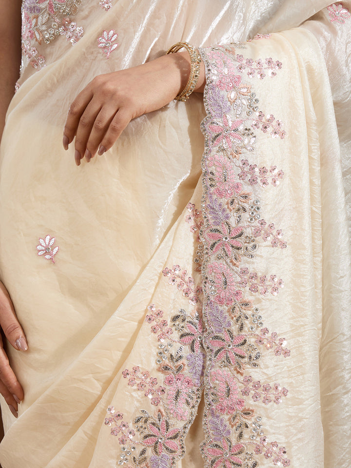 Cream Gotapatti Satin Saree