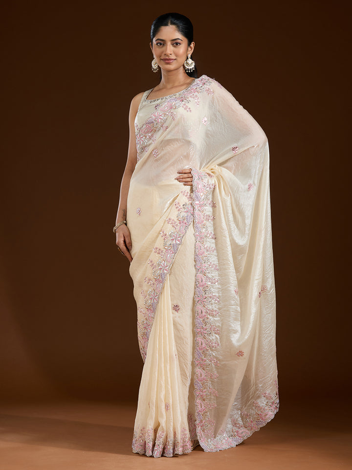 Cream Gotapatti Satin Saree