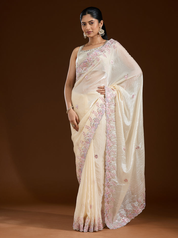 Cream Gotapatti Satin Saree
