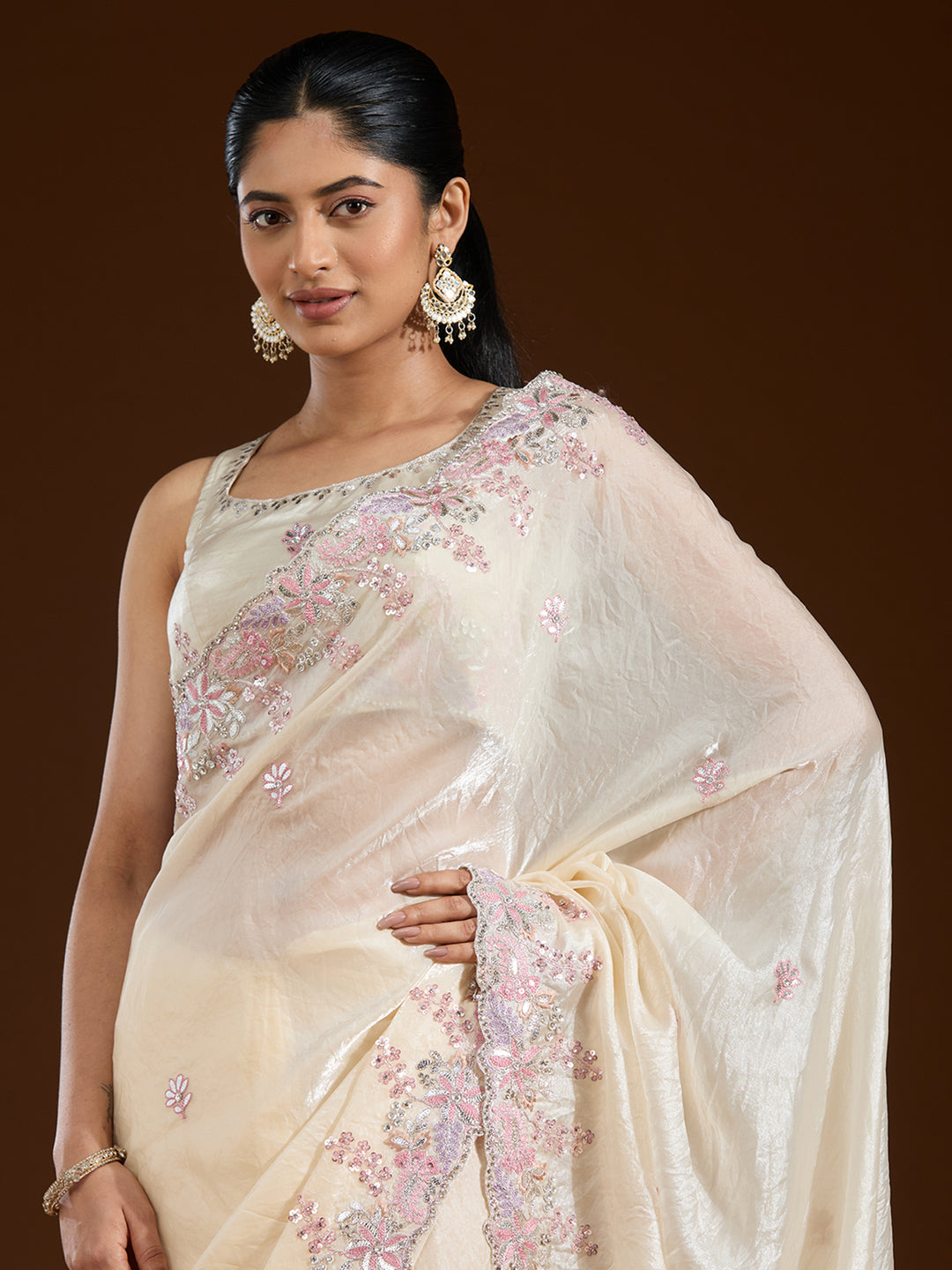 Cream Gotapatti Satin Saree
