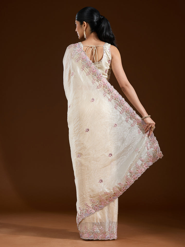 Cream Gotapatti Satin Saree