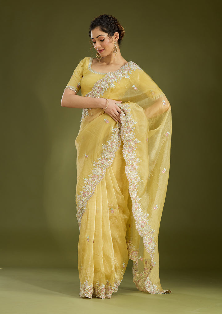 Lemon Yellow Sequins Tissue Saree