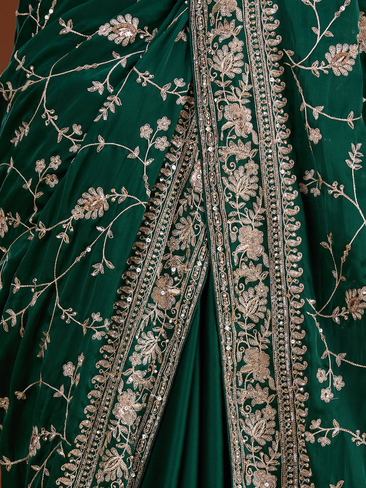 Bottle Green Aariwork Satin Saree