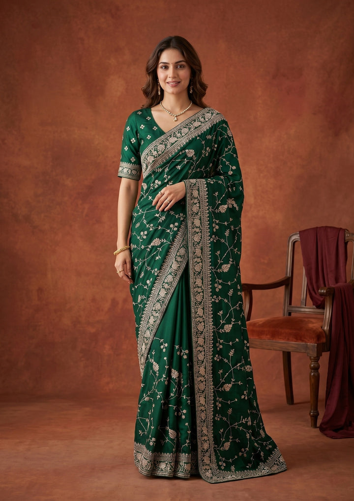 Bottle Green Aariwork Satin Saree