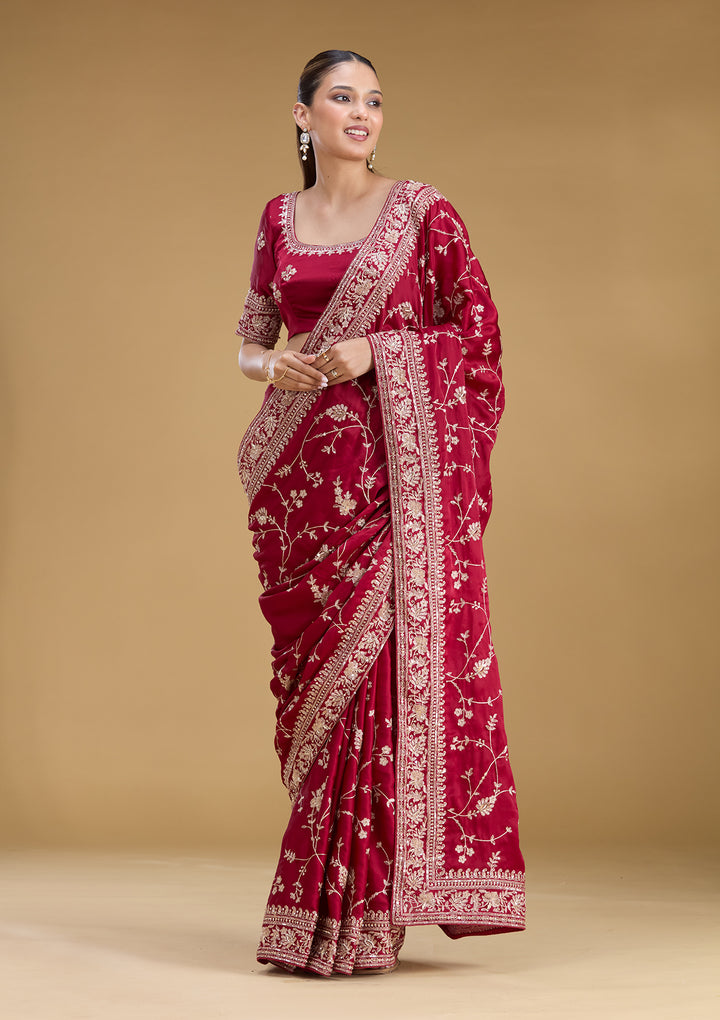 Maroon Satin Aariwork Saree With Matching Blouse Piece