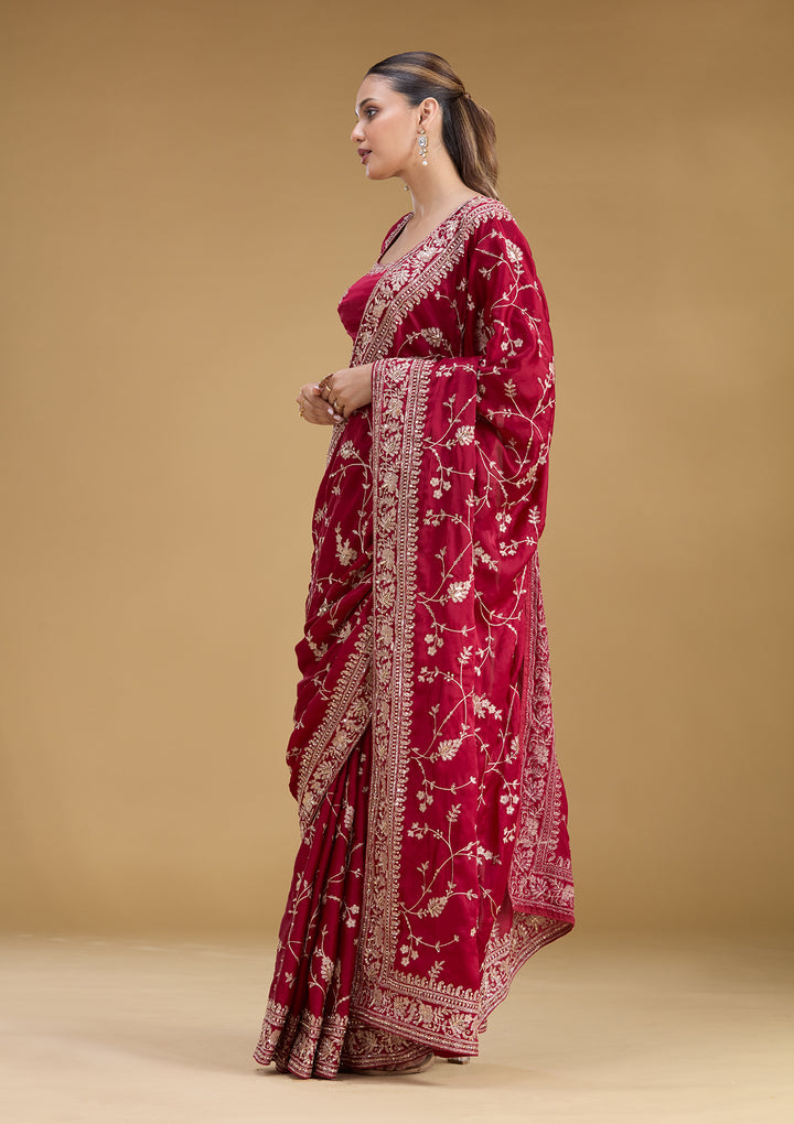 Maroon Satin Aariwork Saree With Matching Blouse Piece