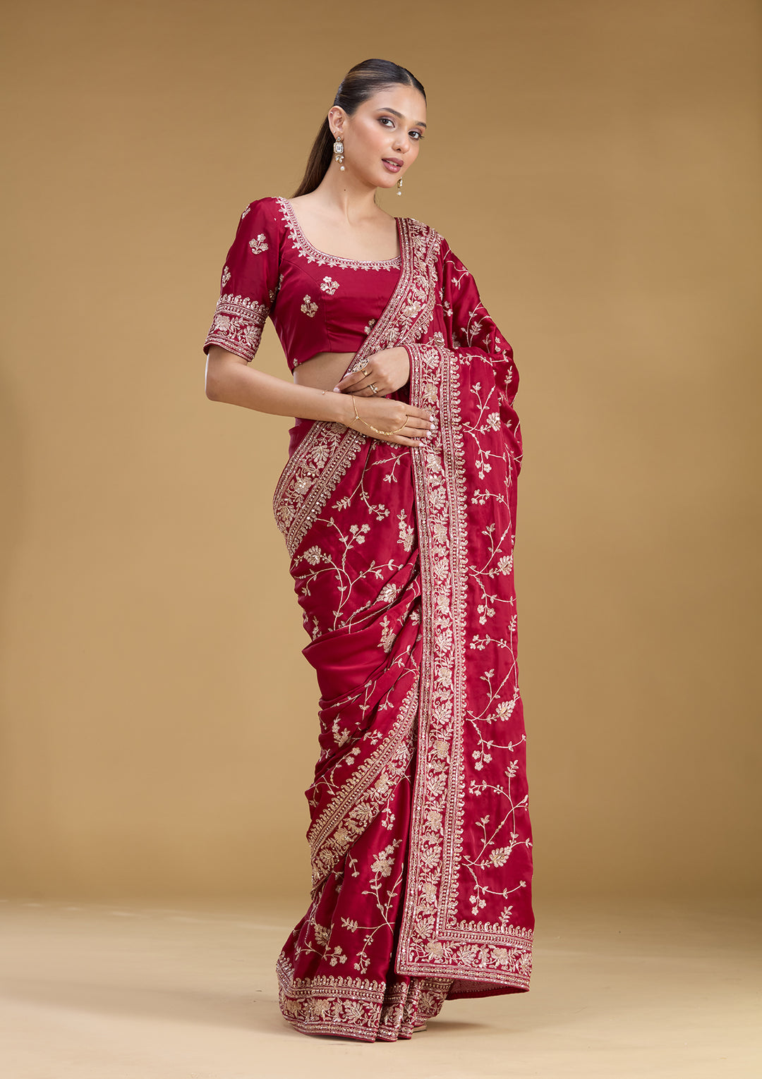 Maroon Satin Aariwork Saree With Matching Blouse Piece
