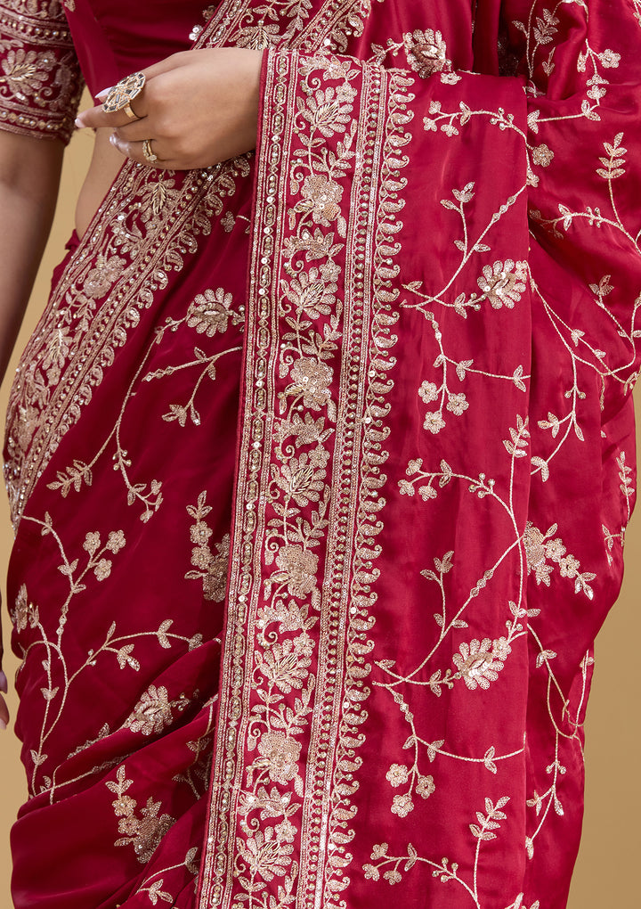 Maroon Satin Aariwork Saree With Matching Blouse Piece