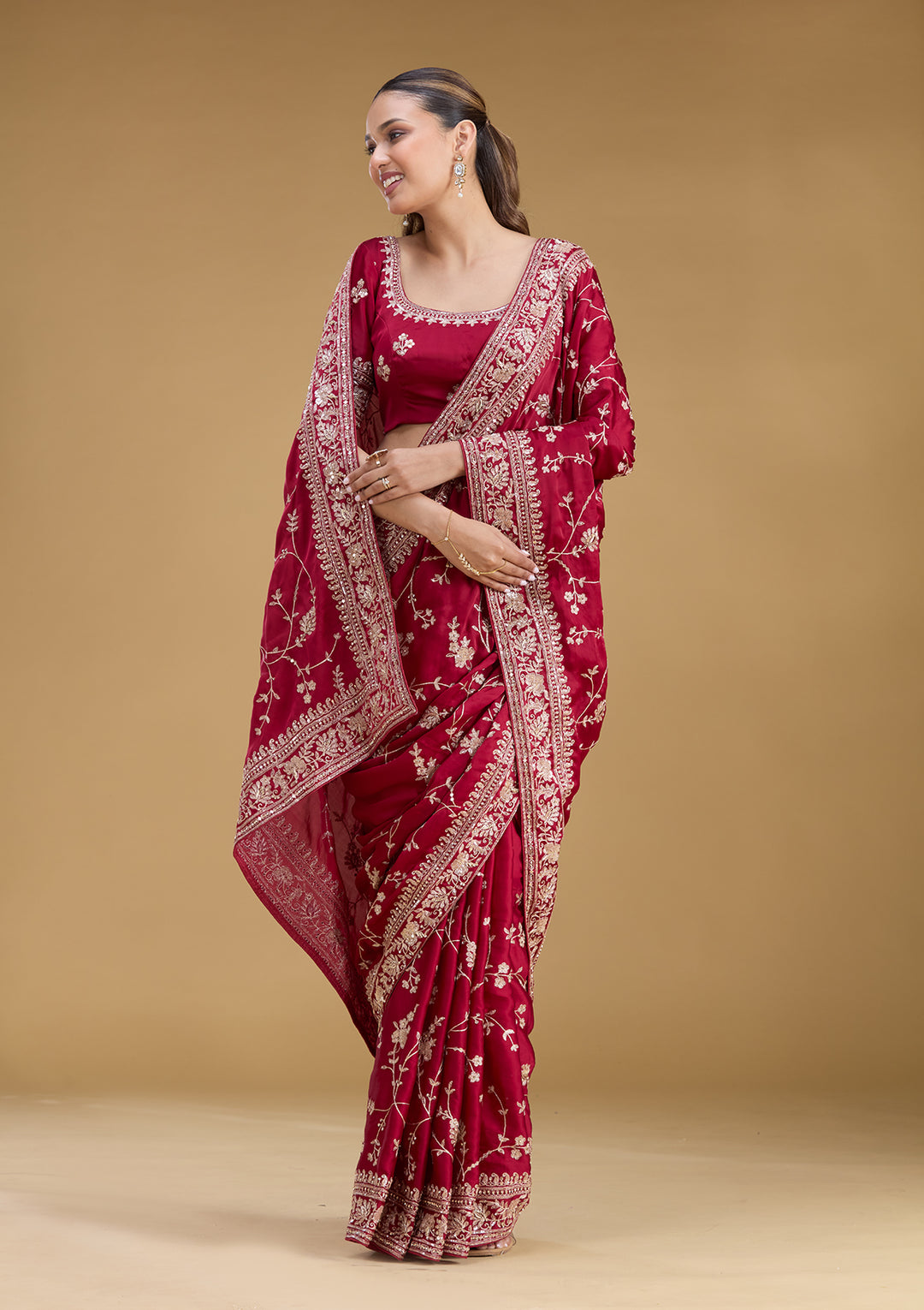 Maroon Satin Aariwork Saree With Matching Blouse Piece