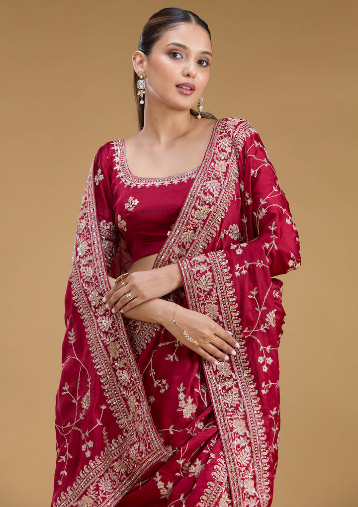 Maroon Satin Aariwork Saree With Matching Blouse Piece