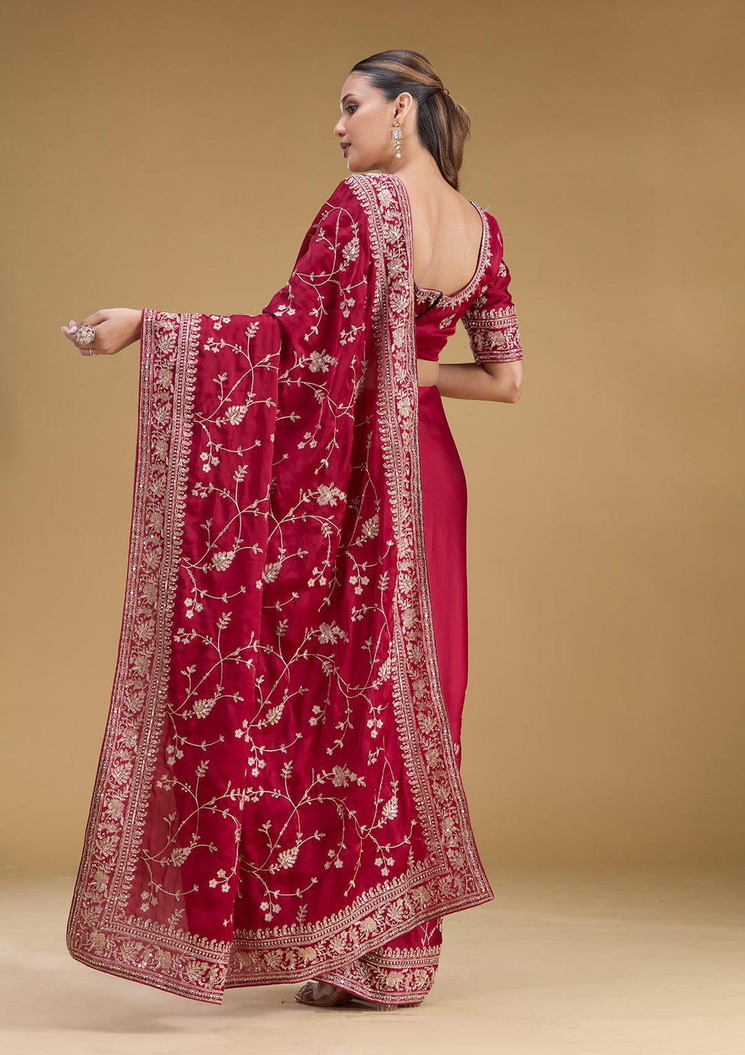 Maroon Satin Aariwork Saree With Matching Blouse Piece