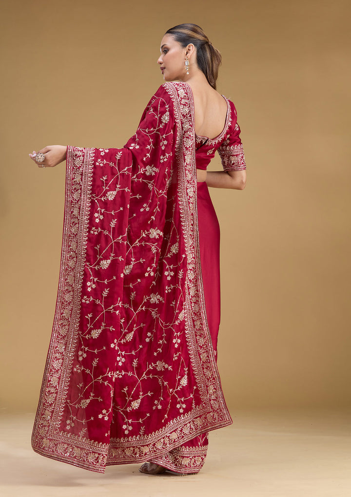Maroon Satin Aariwork Saree With Matching Blouse Piece